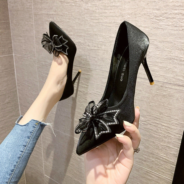 Women's White Pointed Stiletto Bowknot High Heels