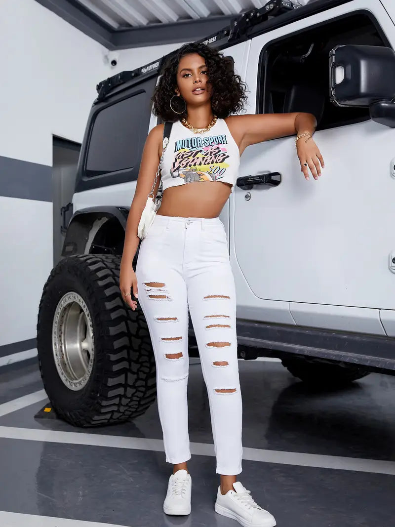 Ripped High Waist Skinny Jeans with Slash Pockets