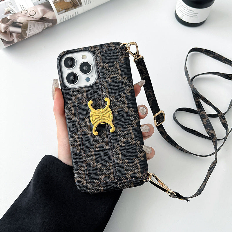 Brown Crossbody Card Holder Case for iPhone 12-15 Pro Max