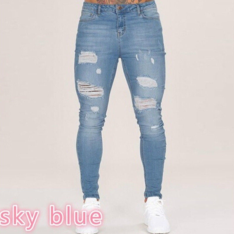 Men's Ripped Knee Zipper Slim Fit Jeans (Cross-Border)