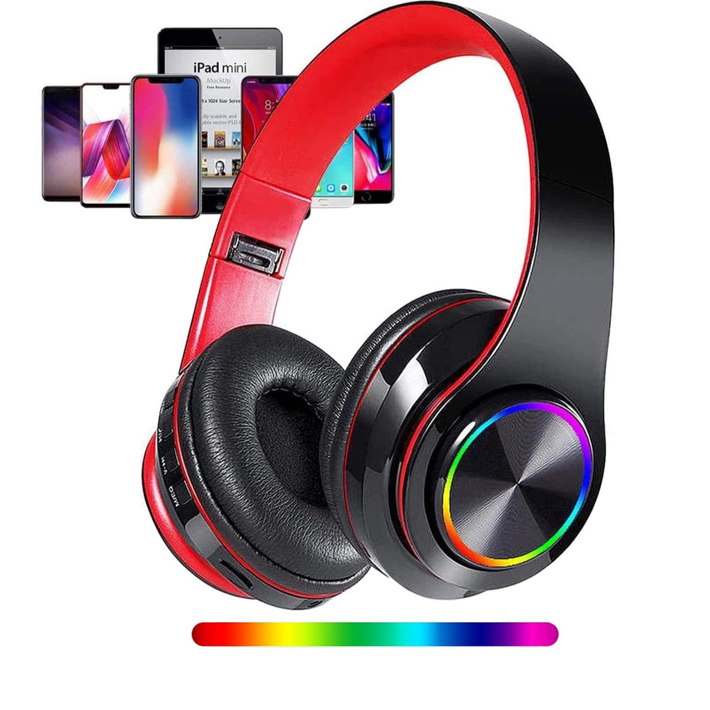 LFGKeng Wireless Bluetooth Headphones with Colorful LED Lights Built-in Mic Light Weight Foldable Wired HiFi Stereo Headphones for Classroom/Home Office/PC/Mobile Phone/Kids Adult (Black Red)