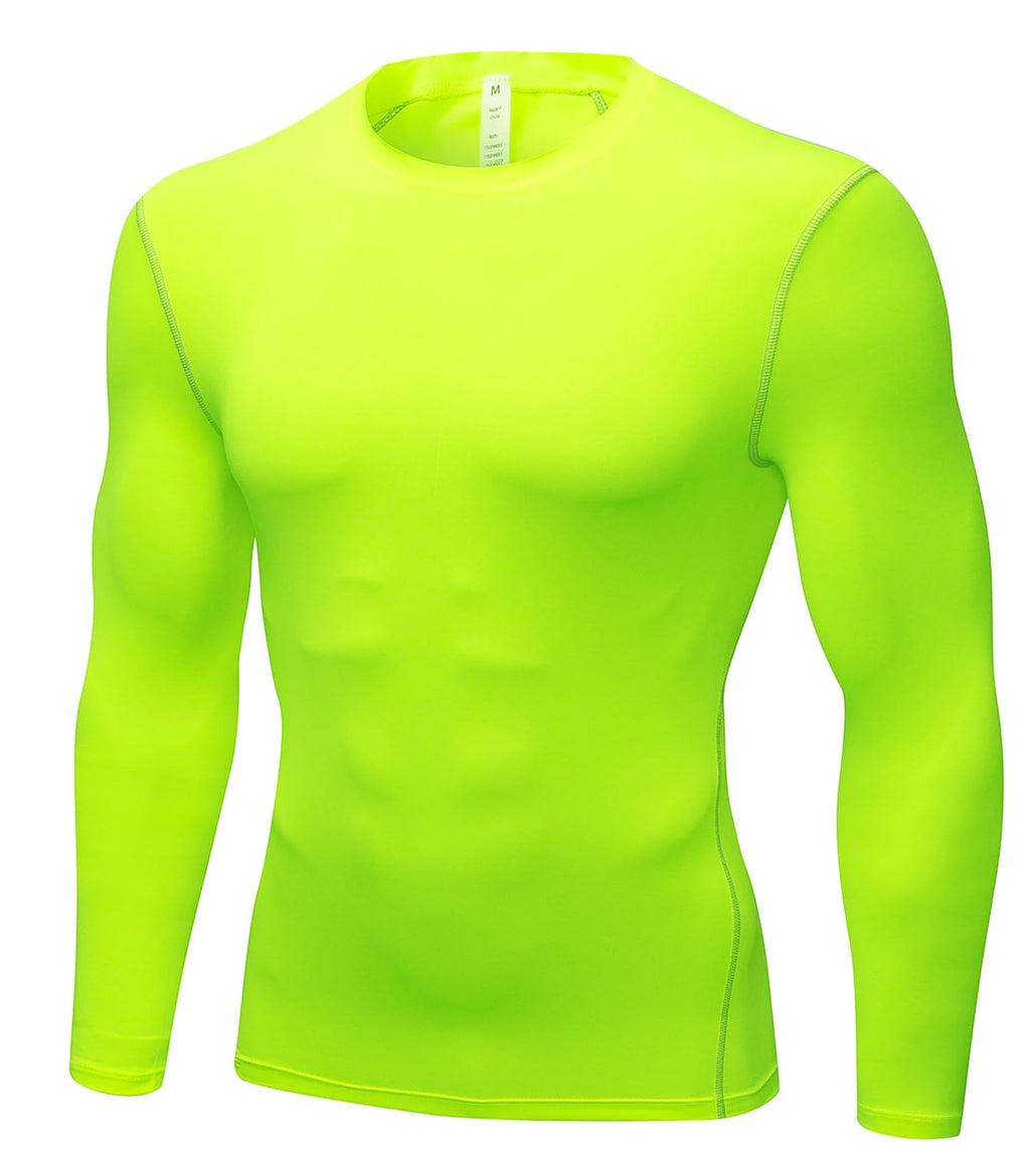 Fluorescent Green Long Sleeve Compression Shirt Men Athletic T-Shirts Workout Running Tops Cool Dry Basketball Baselayer Undershirts