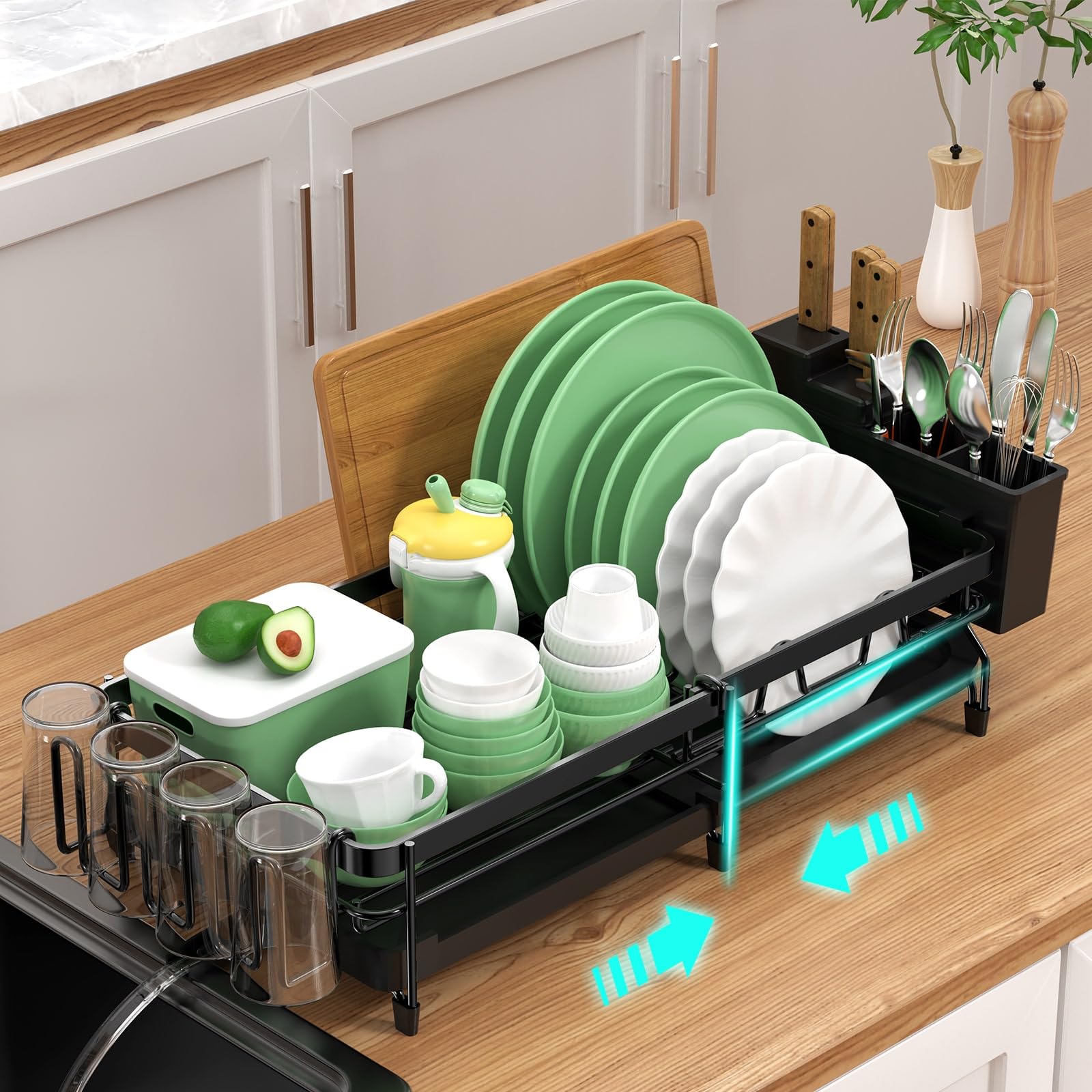 DMTXCRP Expandable Dish Drying Rack Adjustable Dish Rack with Drainboard Cutlery & Cup Holders Black Rust Proof Dish Drainer Rack for Small and Large Kitchen Counter Sink