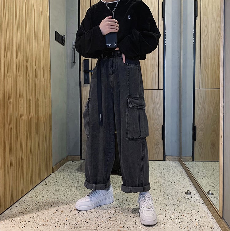 Hong Kong Style Men's Wide-Leg Straight Jeans