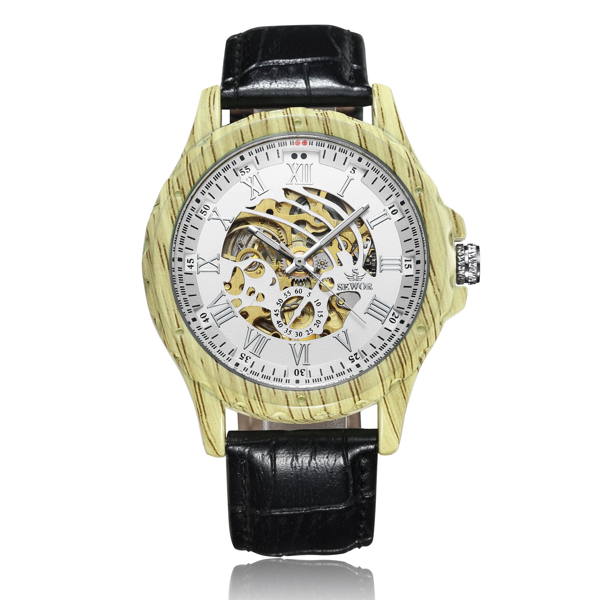 Wooden Case Automatic Mechanical Watch with Leather Strap