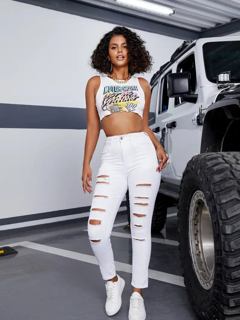 Ripped High Waist Skinny Jeans with Slash Pockets