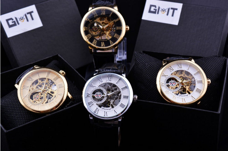 Hollow Design Manual Mechanical Watch with Leather Strap