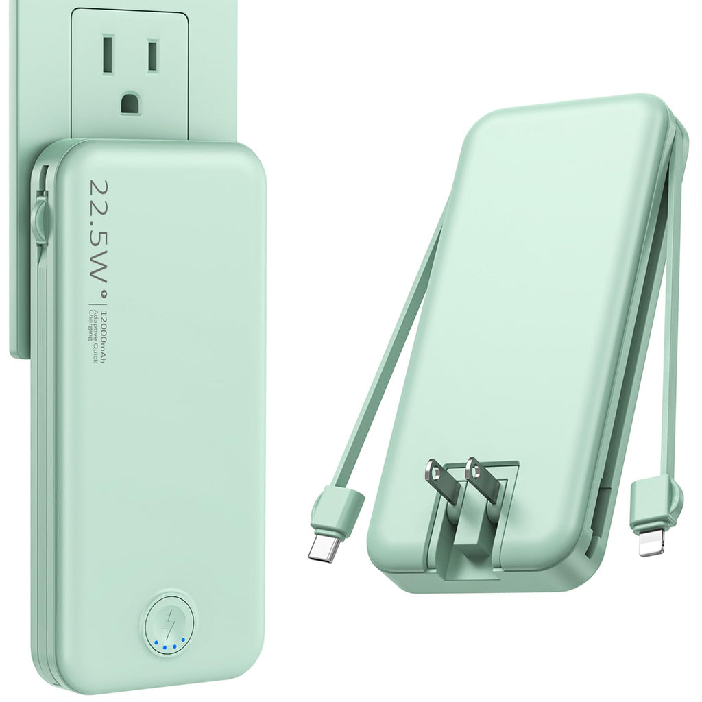 Nusyddy Portable Charger with Built in Cable and AC Wall Plug USB C Power Bank 12000mAh 22.5W Super Fast Charging Lightweight Portable Phone Charger Travel Battery Pack for iPhone Samsung Tablets