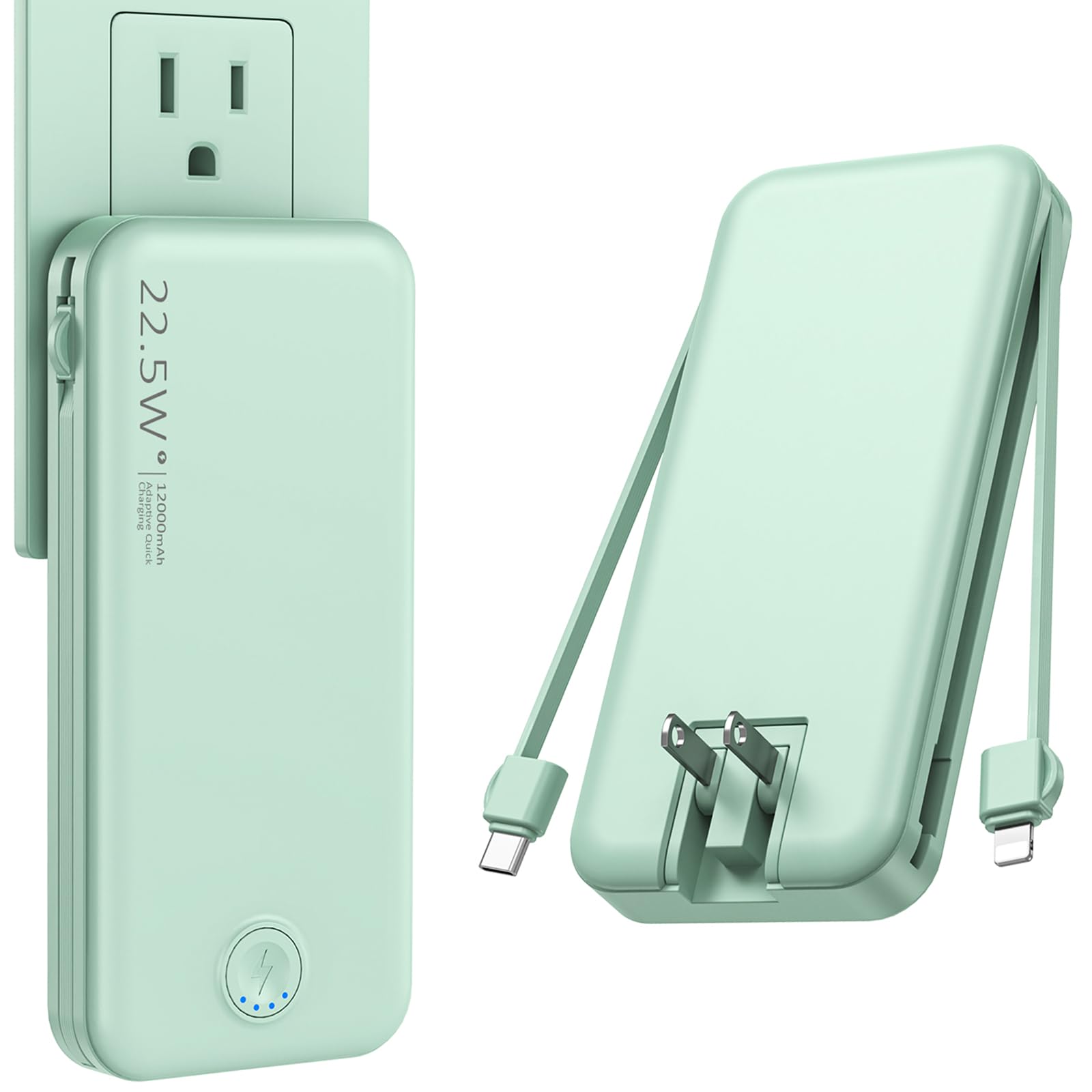Nusyddy Portable Charger with Built in Cable and AC Wall Plug USB C Power Bank 12000mAh 22.5W Super Fast Charging Lightweight Portable Phone Charger Travel Battery Pack for iPhone Samsung Tablets