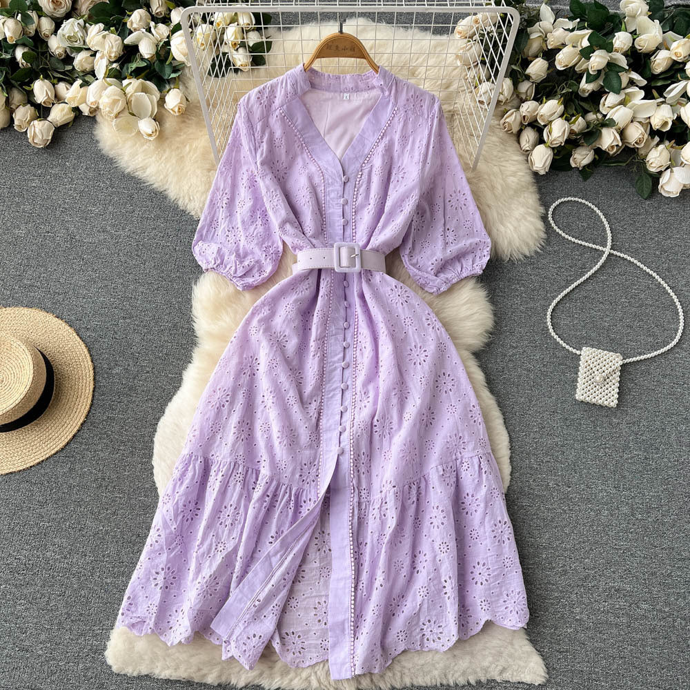 V-Neck Hollow Out Dress with Puff Sleeves and Embroidery