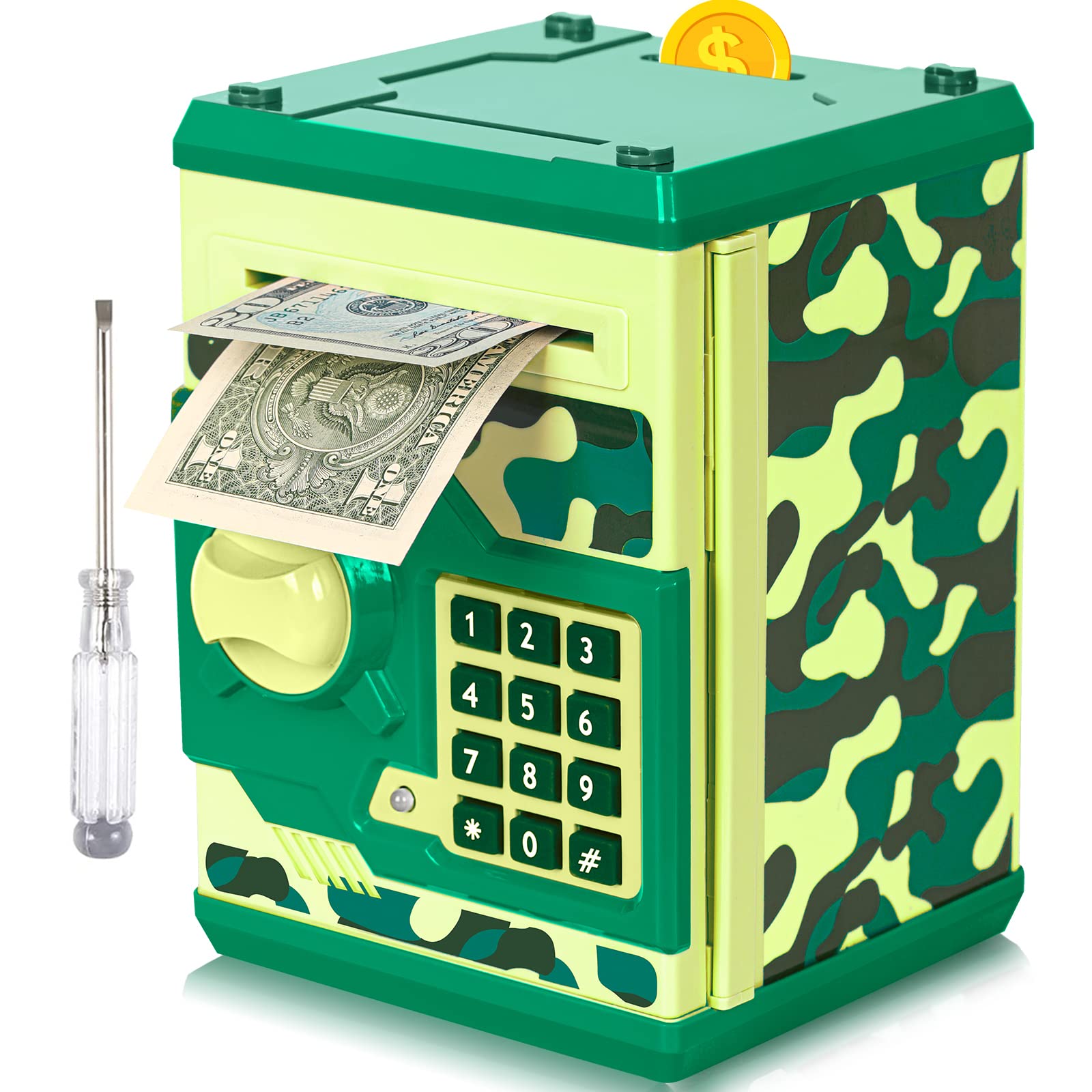 ATM Piggy Bank for Boys Girls Vcertcpl Mini ATM Coin Bank Money Saving Box with Password Kids Safe Money Jar for Adults with Auto Grab Bill Slot Great Gift Toy Bank for Kids(Camouflage Green)