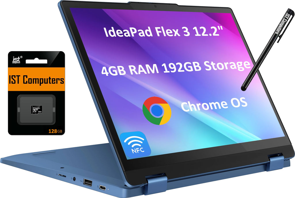 Lenovo Flex 3 3i 2-in-1 Chromebook (12.2" FHD+ Touchscreen Intel N100 4GB RAM 192GB (64GB eMMC + 128GB SD Card)) Student & Education Laptop Webcam NFC HDMI IST Pen Chrome OS Blue (Renewed)