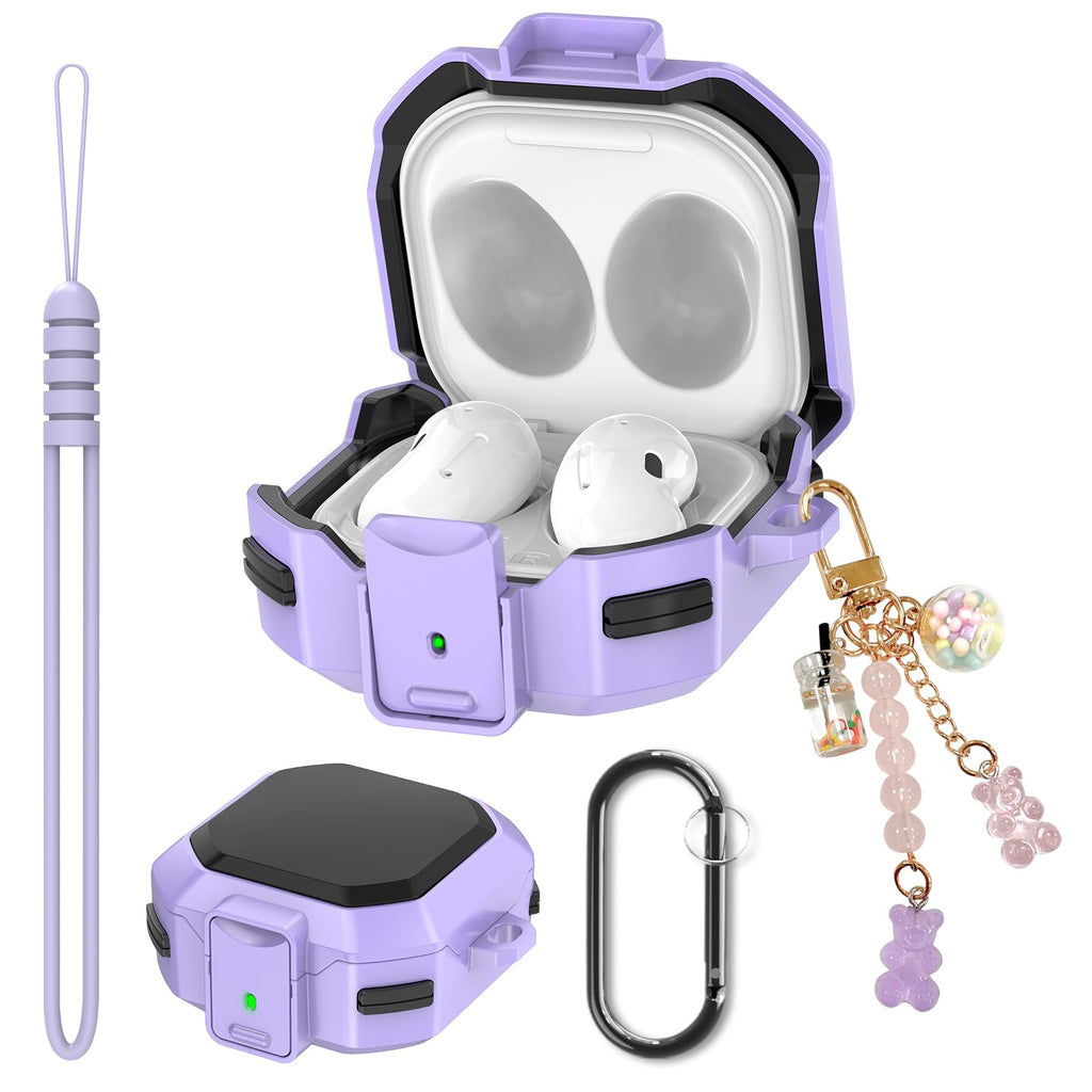 Secure Lock Case for Samsung Galaxy Buds FE/Galaxy Buds 2 Pro/Galaxy Buds Pro/Galaxy Buds Live TPU Hard Shell Galaxy Buds Live Case with Lanyard & Cute Candy Keychain for Women (Purple Black)