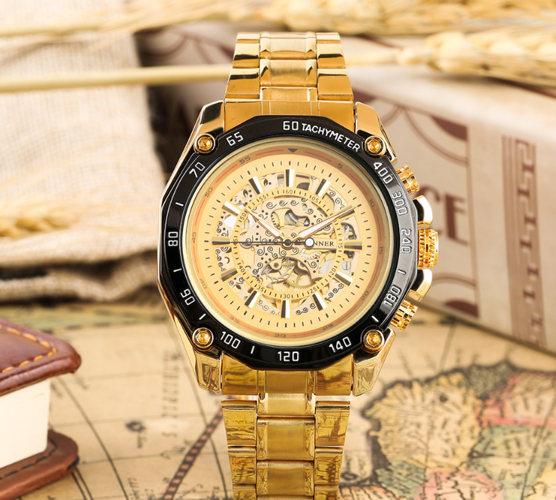 Fashion Men's Hollow Gold Steel Band Watch (Large Dial)