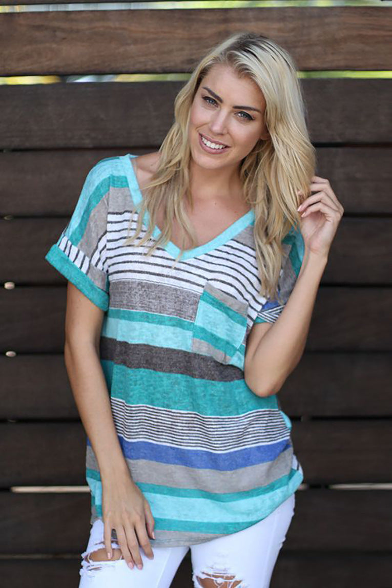2018 Summer Women's Pocket Print Striped T-Shirt
