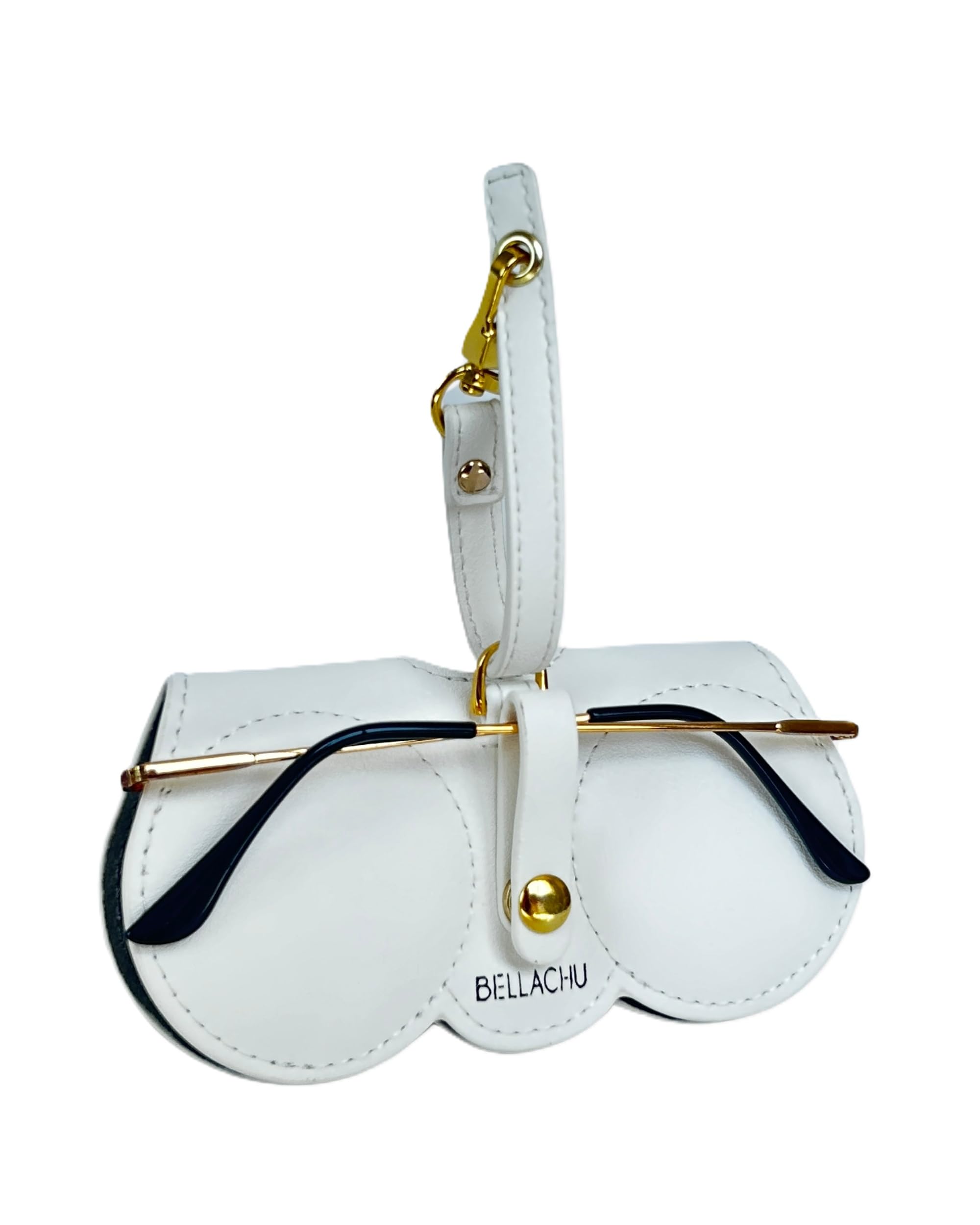 BellaChu Premium Vegan Leather Soft Eyeglasses and Sunglasses Case for Women – Slim Cushioned Travel-Friendly with Strap (White Large)