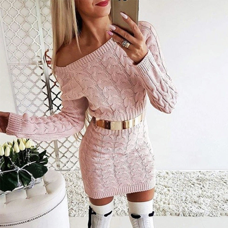 Off-Shoulder Knit Dress with Fluo Color Cable Design