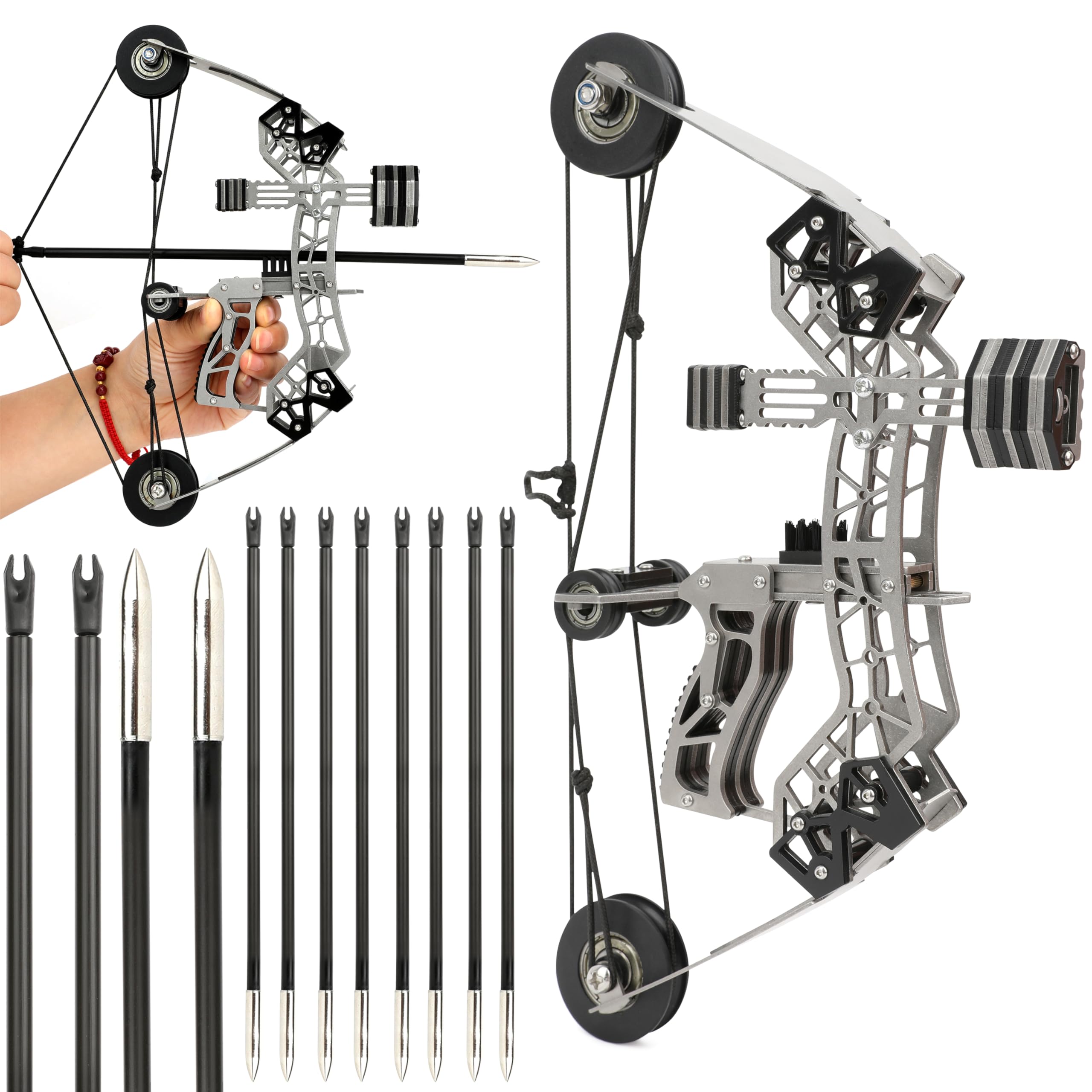 ZSHJGJR 10" Mini Compound Bow 12lbs Mini Archery Bow and Arrow SetShooting Range 40-50m Right/Left Handed for Target Shooting Hunting Games Pocket Bow Archery Gift (with 8 Arrows)