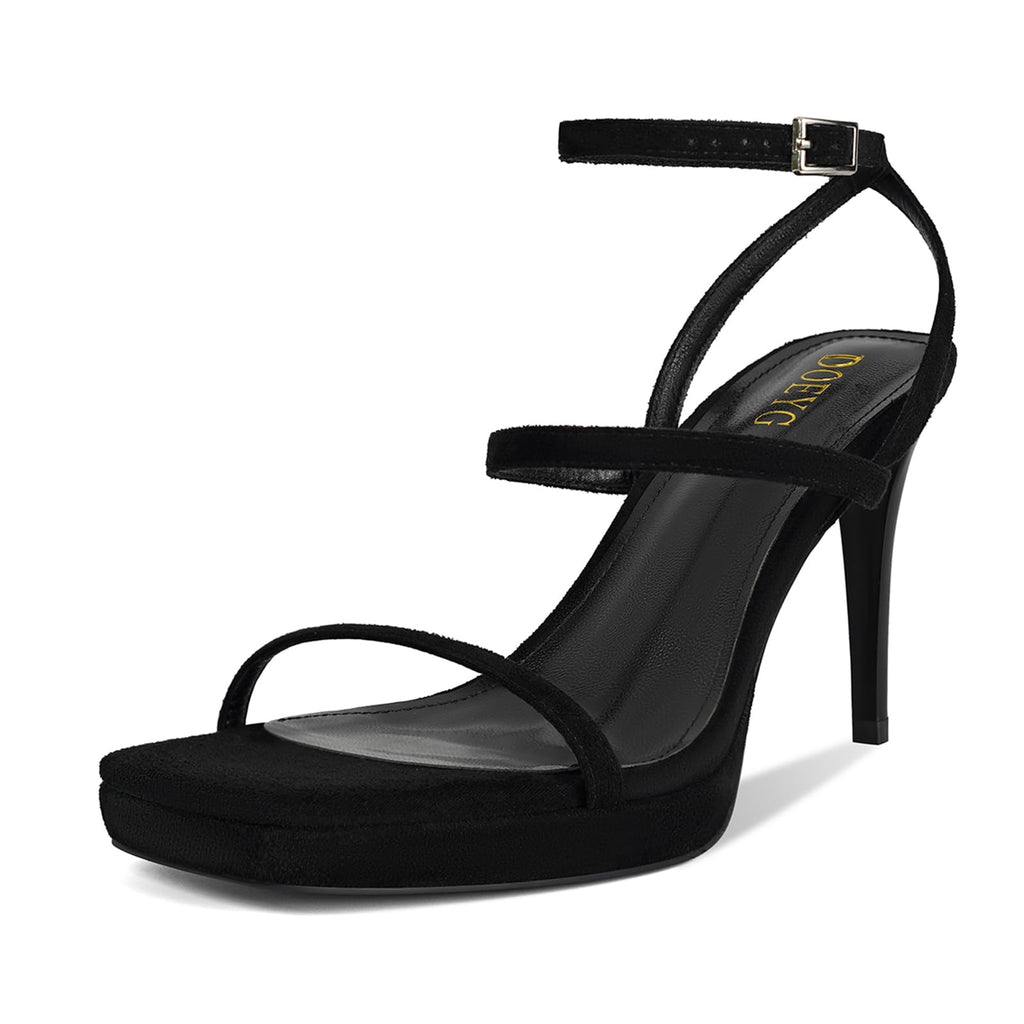 DOEYG Black Heels for Women Strappy Heels Sandals Sexy Platform Stiletto Heels Sandals Square Open Toe Ankle Strap Dress Party Wedding Shoes Size 6.5