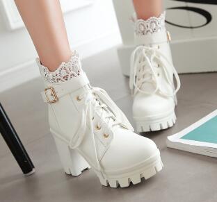 Lace Trim Waterproof Platform Chunky Heel Women's Boots