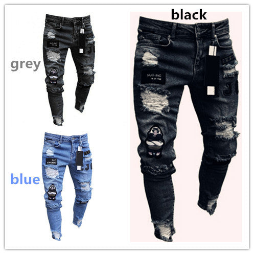 Men's Ripped Knee Zipper Slim Fit Jeans (Cross-Border)