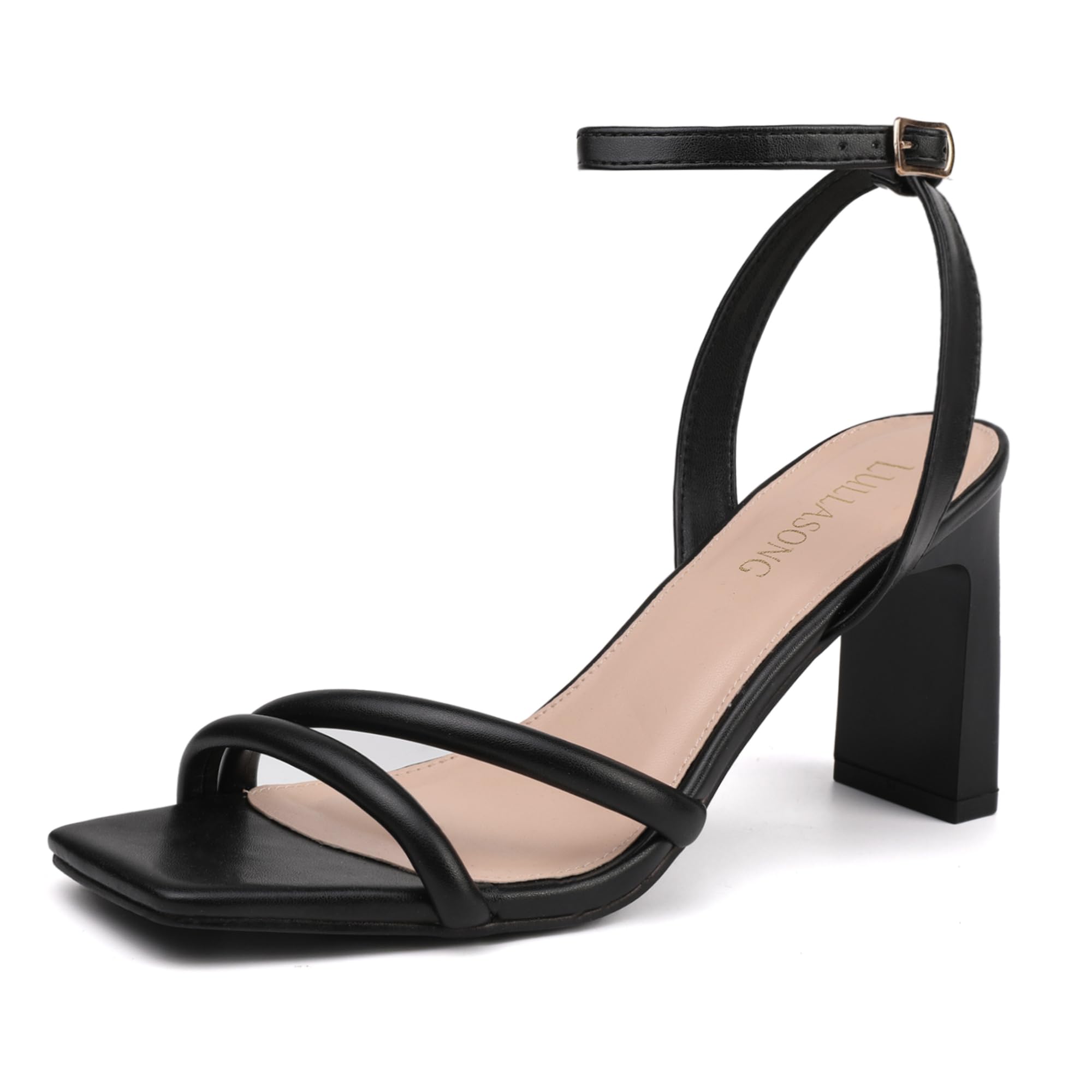 LULLASONG Black Heels Womens Strappy Heeled Sandals Square Open Toe Chunky High Heels Strappy Ankle Buckle Pump Sandals Sexy Dress Party Shoes