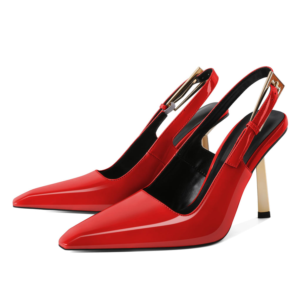 Eldof Sling Back High Heels Women Metallic Buckle Square Toe Slip On Gold Stilettos Women Pumps Shoes for Dress 4 Inches Patent Red US Size 10
