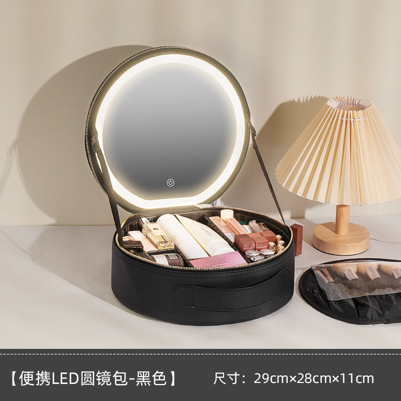 Round Makeup Bag with Mirror and LED Light (Large Capacity)
