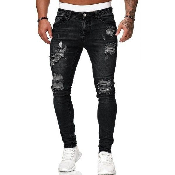Men's Ripped Knee Zipper Slim Fit Jeans (Cross-Border)