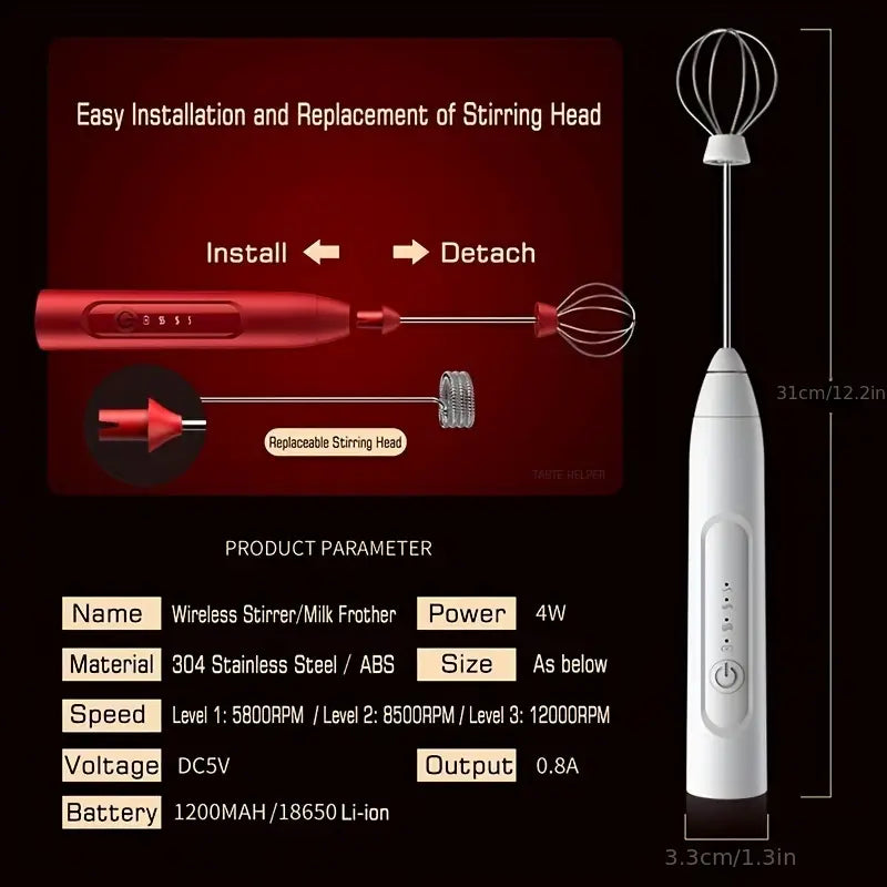 Rechargeable Electric Handheld Milk Frother with 2 Whisks