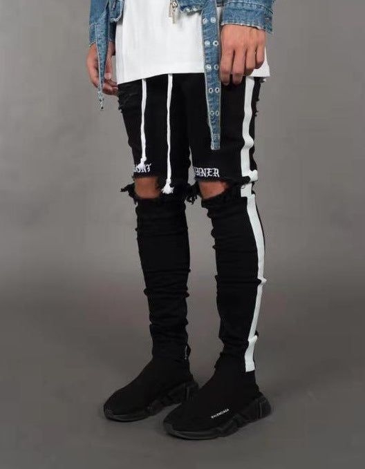 Men's Distressed Slim Fit Jeans with Side Stripes