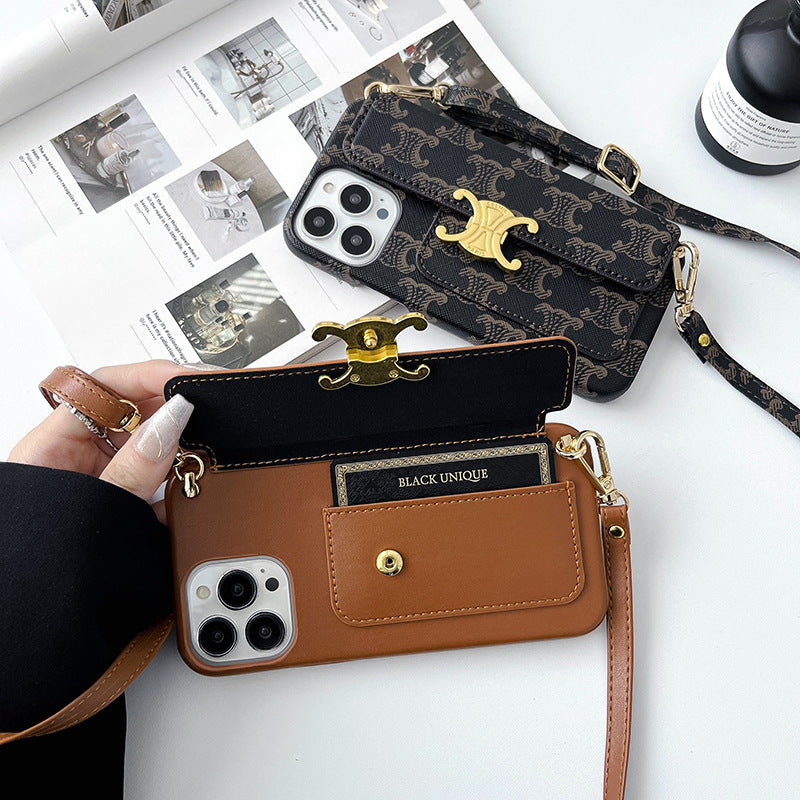 Brown Crossbody Card Holder Case for iPhone 12-15 Pro Max