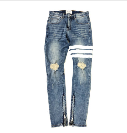 Zippered Slim Fit Distressed Denim Jeans with Three Stripes