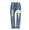 Zippered Slim Fit Distressed Denim Jeans with Three Stripes