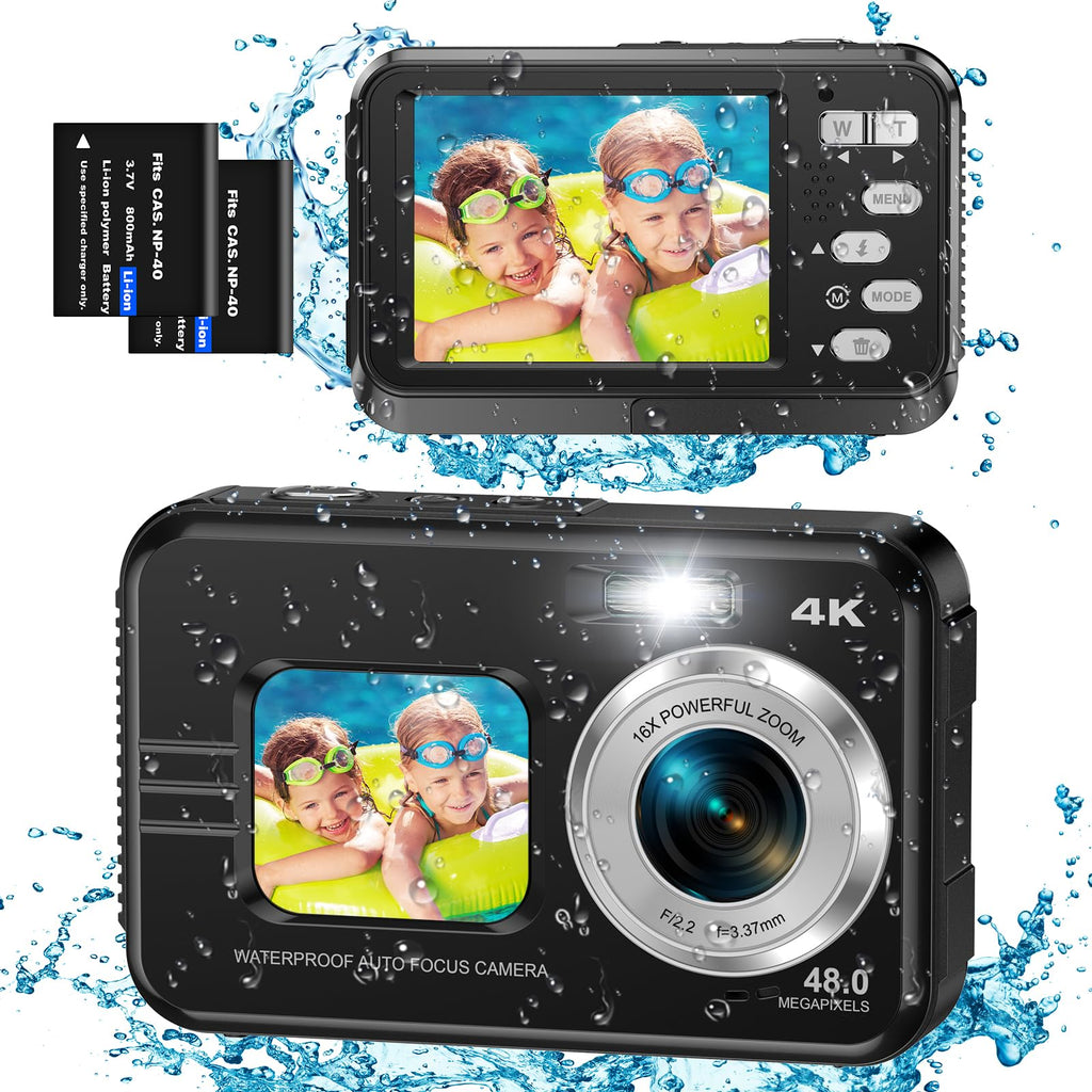 Underwater Cameras 4K Waterproof Digital Camera 48 MP Autofocus Function Selfie Dual Screens with 16X Digital Zoom Compact Portable 11FT Underwater Camera for Snorkeling 2 Battery(Black)