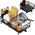Urackify Expandable Dish Drying Rack for Kitchen Counter Large Extendable Dish Rack with Bamboo Cover Cutlery Holder Multifunctional Adjustable Dish Dryer Drainer