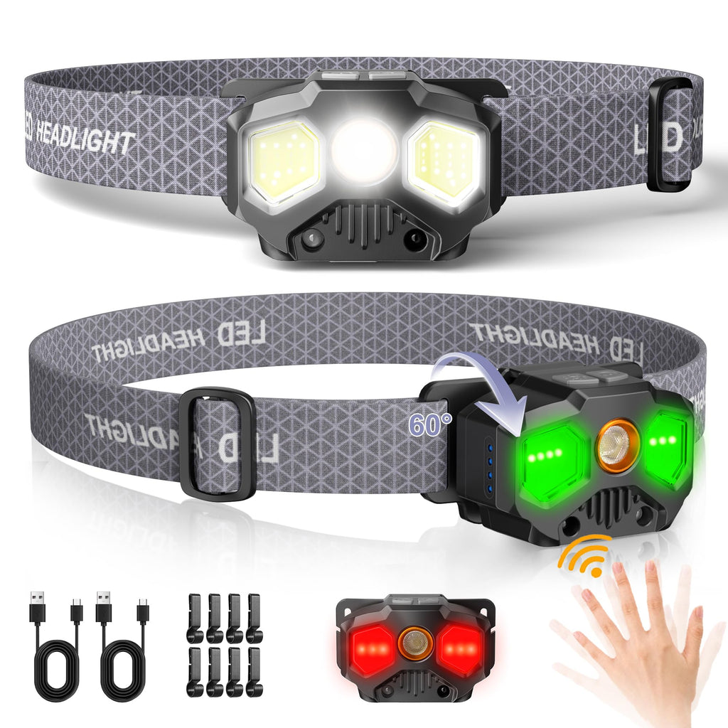 Favorlite Headlamp Rechargeable 2 Pack 1400 Lumen Lightweight Head Lamps LED Rechargeable with White Green Red Light Waterproof Motion Sensor Head Lamp14 Modes with Memory Function for Running