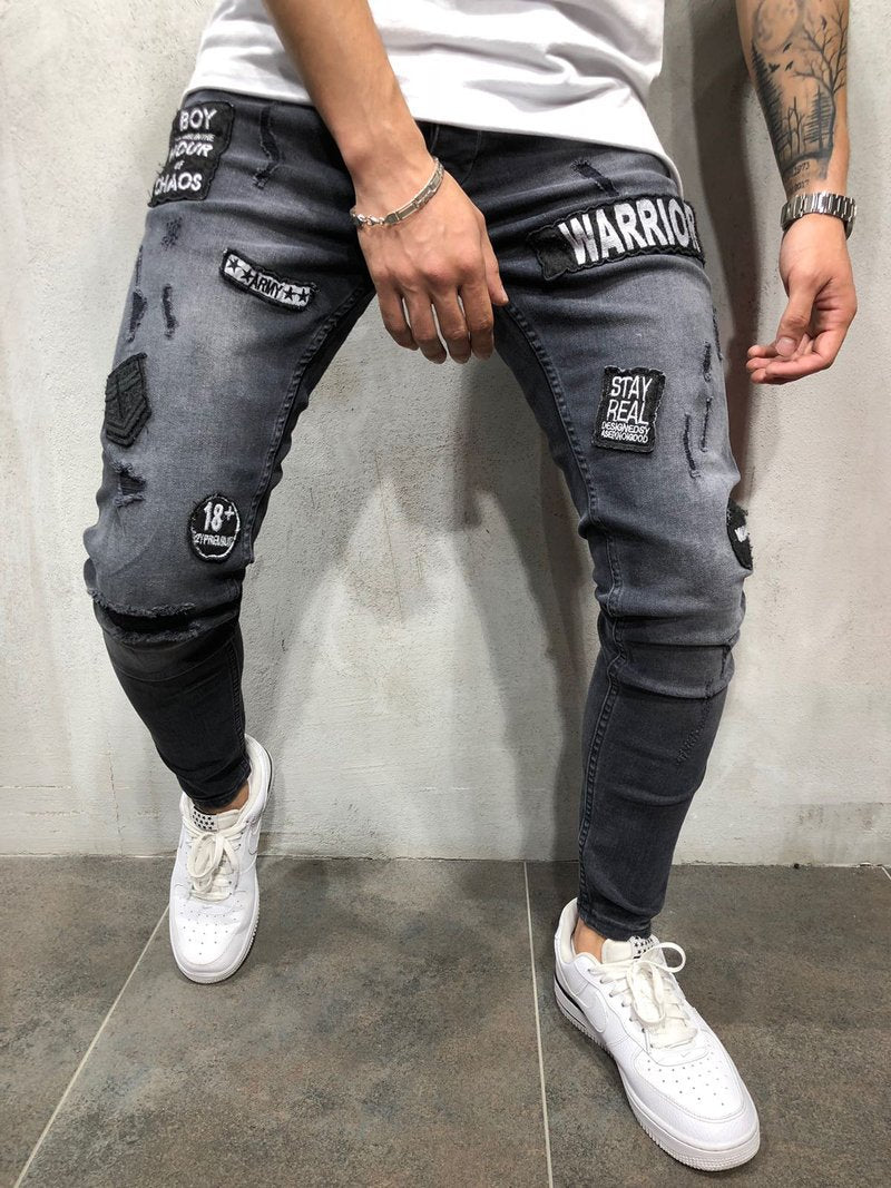 Men's Slim Fit Black Distressed Jeans with Patches