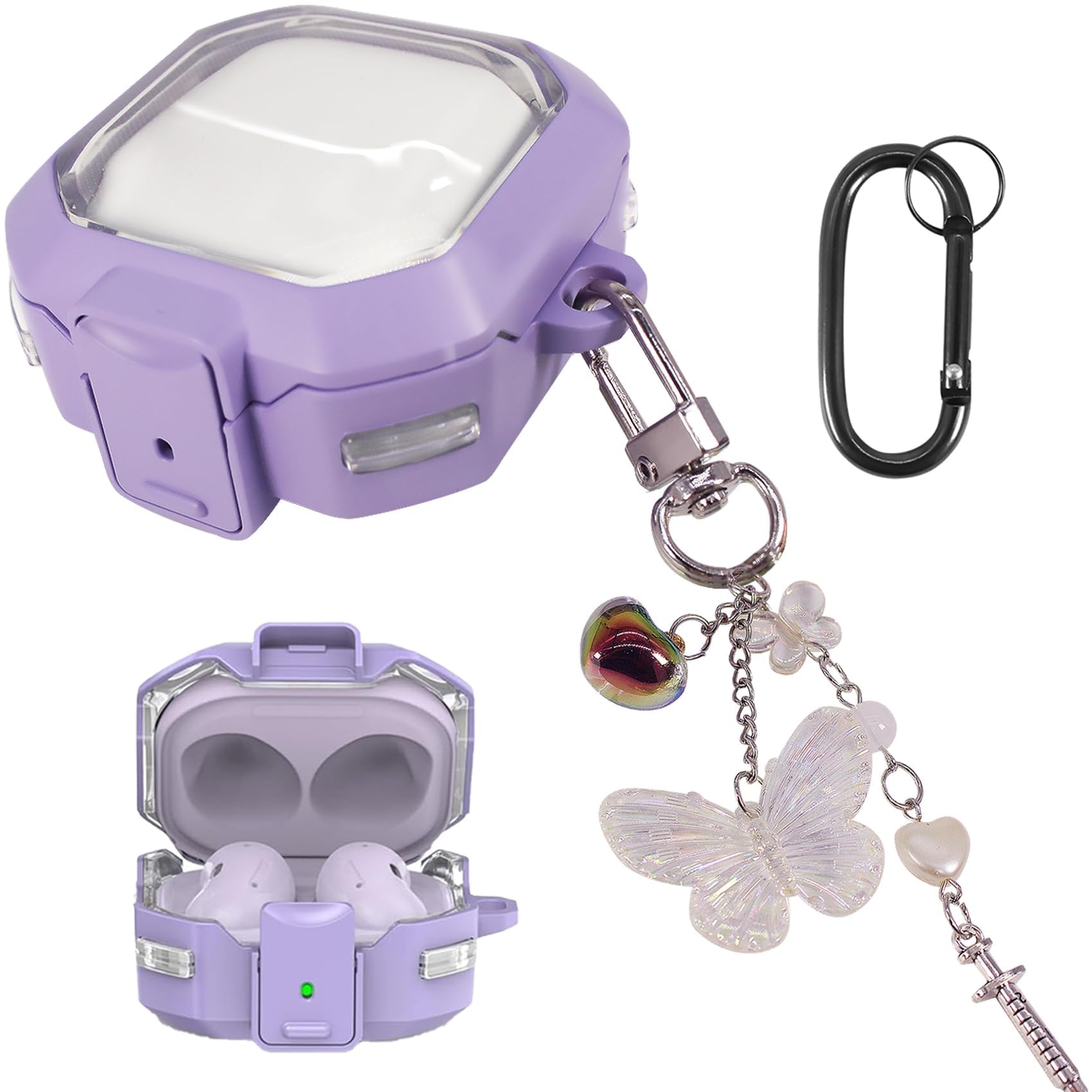 Adhiper Clear Case for Samsung Galaxy Buds 2 Pro/Buds Pro/Buds Live/Buds 2 /Galaxy Buds FE (2023)Transparent Protective Case with Anti-Drop LockTPU Case Cover with Butterfly Keychain (Purple)
