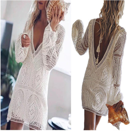Summer Women's Dress with Deep V Neck and Long Sleeves