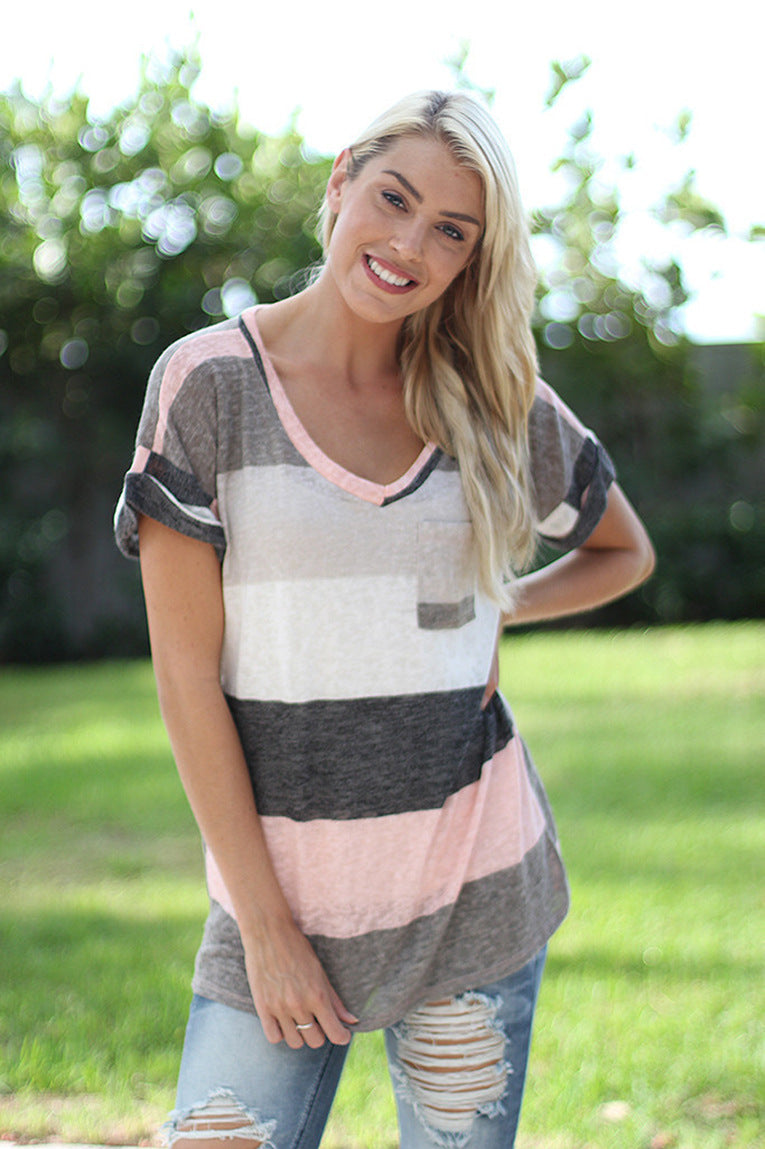 2018 Summer Women's Pocket Print Striped T-Shirt