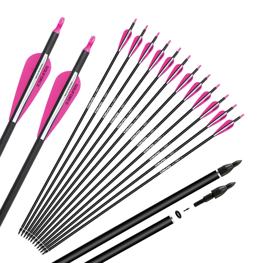 SOUFORCE 30" Pink Carbon Archery Arrows Spine 500 with Removable Tips Hunting Arrows Target Practice for Compound Bow and Recurve Bow 12 Pcs