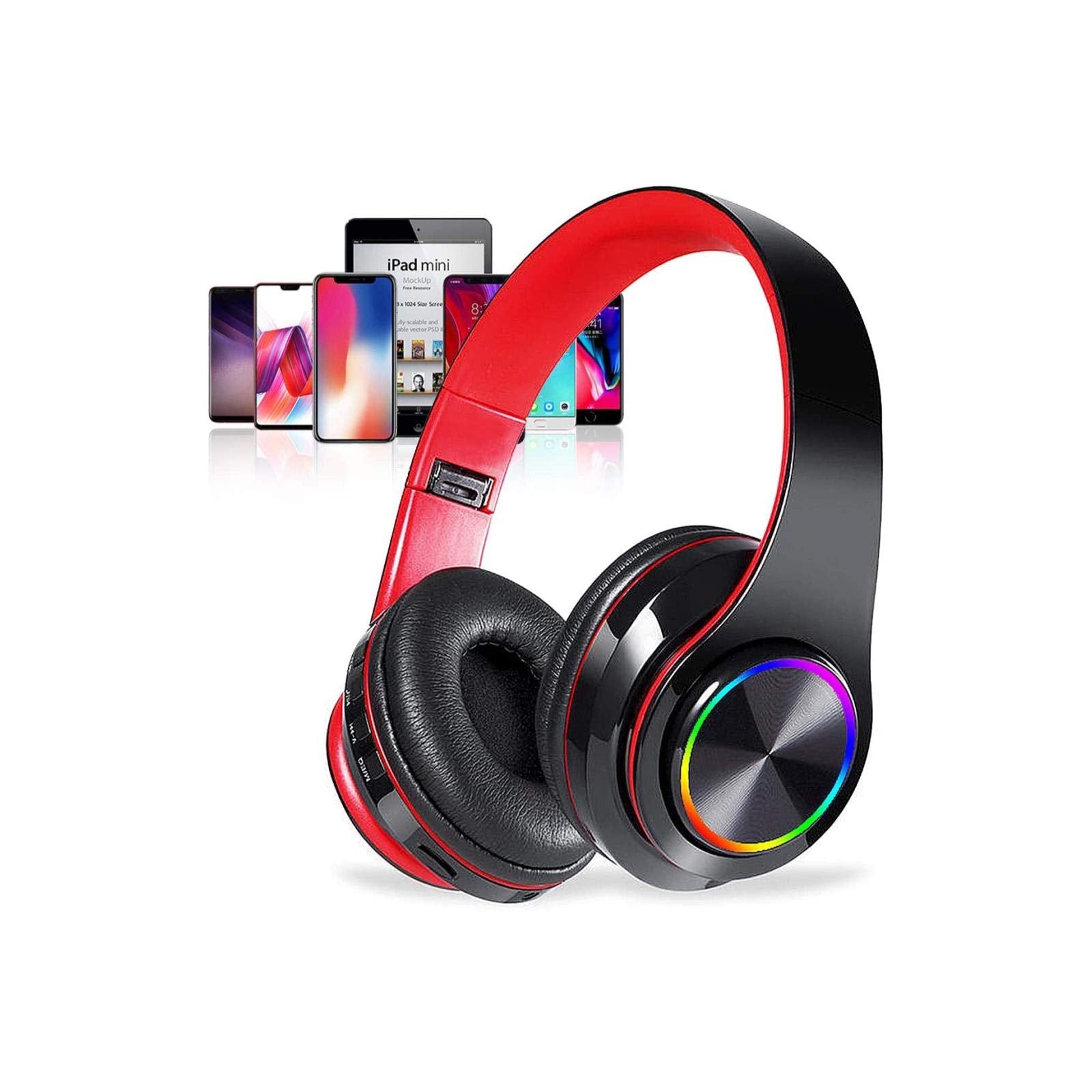 Bluetooth Over Ear Headphones LED Lights Headphones with Built-in Mic Light Weight Bluetooth 5.0 Wireless Foldable HiFi Stereo Headphones for Classroom/Home/Office/PC/Mobile Phone (Black red)