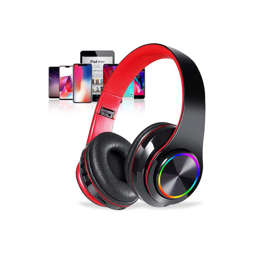Bluetooth Over Ear Headphones LED Lights Headphones with Built-in Mic Light Weight Bluetooth 5.0 Wireless Foldable HiFi Stereo Headphones for Classroom/Home/Office/PC/Mobile Phone (Black red)