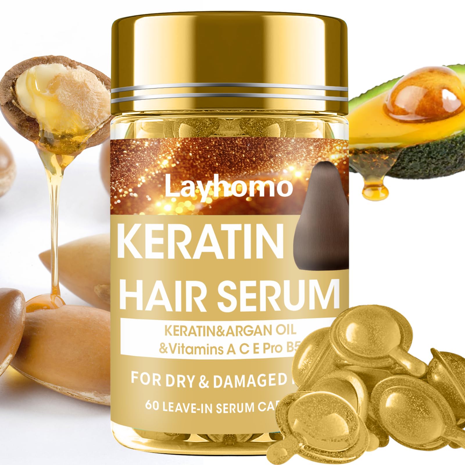 Keratin Hair Treatment Serum60 Capsules Hair Treatment Oil for Dry Damaged HairHair Oil with KeratinArgan Oil-Leave-in Anti Frizz Conditioner with Vitamins A C E & B5- No Rinse for All Hair Types