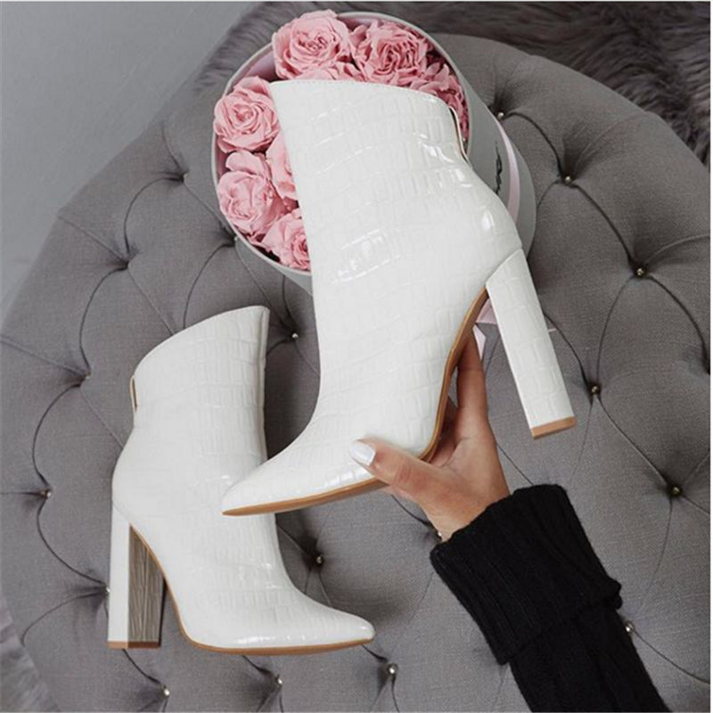 Crocodile Pattern Pointed Toe Chunky Heels