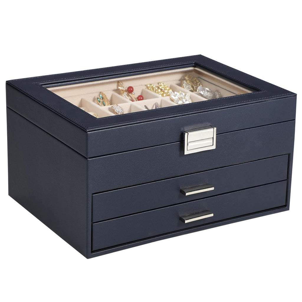 Voova Jewelry Box Organizer for Women Girls 3 Layer PU Leather Jewelry Storage Case with Glass Lid & 2 Drawers Large Jewellery Display Holder for Necklaces Rings Earrings Bracelets Dark Blue
