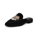 SINSIYONG Embroidered Mules for Women Round Toe Backless Velvet Mules Tiger Head Pattern Loafers Black Size 10.5