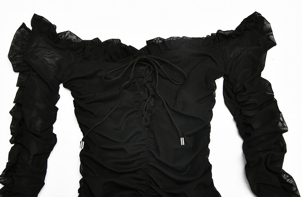 Fashionable Sheer Ruffle Long Sleeve Deep V Dress