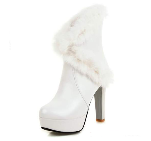 Faux Fur White Thick-Heeled Snow Boots (Mid-Calf)